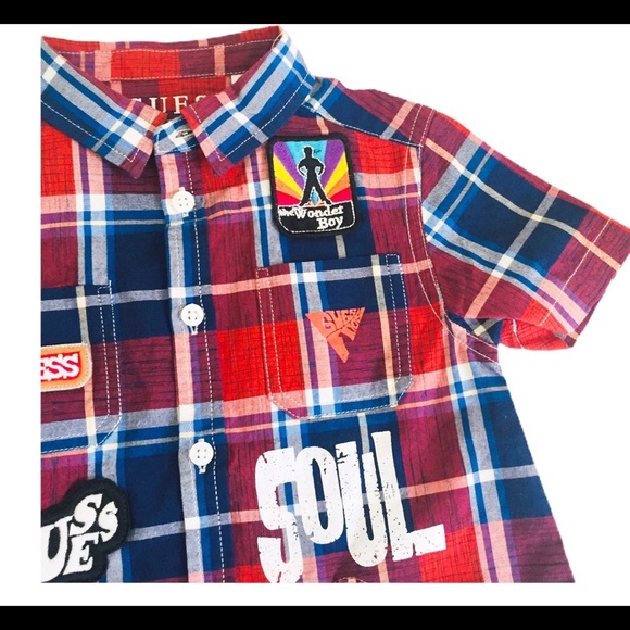 NWT GUESS Soul Print Plaid Button Down Shirt With Cap Sleeves Red/Navy Blue 2Y - Picture 4 of 8